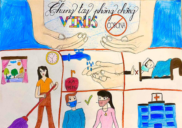 Học sinh vẽ tranh về phòng dịch virus corona, 'chống dịch như chống giặc'