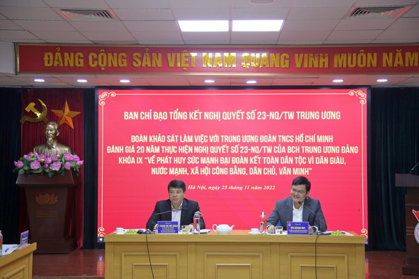Làm việc của Đoàn khảo sát Ban Chỉ đạo Trung ương  triển khai, thực hiện 23-NQ/TW với Trung ương Đoàn TNCS Hồ Chí Minh