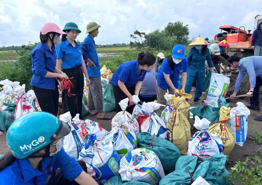 Thanh niên Hà Nội di dời người bệnh, đắp bờ gia cố đê sau bão số 10